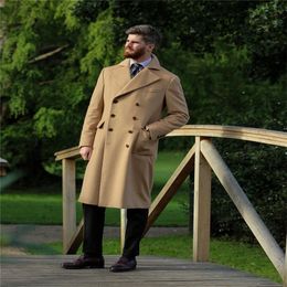 Beige Men Suits Double Breasted Party Suit Wool Customized Tuxedo Fit Formal Wear Handsome Long Coat
