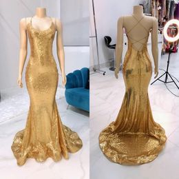 Sparkly Gold Sequins Evening Dresses 2021 Mermaid Sweep Train Sexy Criss Cross Straps Back Custom Made Prom Party Gown Plus Size