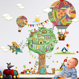 2pcs Cartoon Animals Tree Wall Stickers Kids room Nursery Hot air balloon Wall Decals Eco-friendly Removable Poster Home Decor 201106