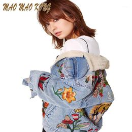 Women's Jackets Wholesale- Women Tiger Butterfly Flower Bird Animal Pattern Embroidery Denim Jacket Turn Down Collar Coat Outwear1