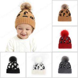 New 5 Colours INS Baby Kids Boys Girls Beanies Winter Leopard Crochet Poms Hats Quality Unisex Newborn Caps for 1-6 Years
