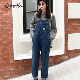 Qooth Vintage High Waist Jeans Overalls Women Big Pockets Denim Romper Ladies Wide Leg Harem Jumpsuits Capri Jeans QH2280 201105