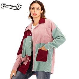 Benuynffy Mixed Pocket Front Colour Block Women Corduroy Jacket Autumn Casual Lapel Single Breasted Coat Outerwear Tops Female 201026