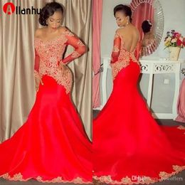 NEW! 2022 Arabic Sexy Red Prom Dresses Long Sleeves Mermaid Off the Shoulder Gold Lace Appliques Evening Dresses Formal Party Gowns DWJ0208