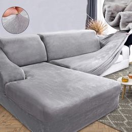 Solid color plush L-shaped living room elastic furniture chair chaise longue corner sofa cover LJ201216