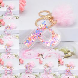 Sequin Hollowed-Out Letter Keychain Soft Faux Rabbit Fur Ball Car Keyring Pompom Key Chains Key holder Women Bag Pendant Jewellery