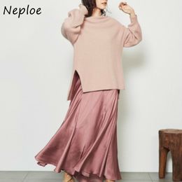 Neploe Autumn Winter Japan Style New Suit Sweet Candy Colour Knitted Pullovers + High Waist Skirt Elegant 2 Piece Set 1H060 201130