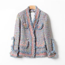 Women's Tweed jacket Oversized Collarless Blue clothes for women Long-Sleeved lace short coat for Autumn Winter 201210