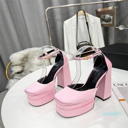 Luxury sandals waterproof platform high heel personalized satin catwalk design thick heel and double ankle strap decorated with rhin