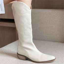 Hot Sale-2021 Fashion Solid Color PU Leather Boots Woman Square Heels Long Botas Black Women's Pointed Toe Knee High Boots Autumn