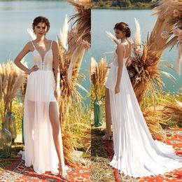 2021 New Wedding Dresses Spaghetti Straps Lace Chiffon Split Beach Bridal Gowns Custom Made Backless Sweep Train A Line Wedding Dress