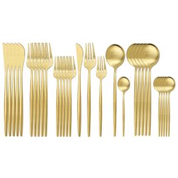 30Pcs Matte Gold Cutlery Set Stainless Steel Dinnerware Knife Dessert Fork Spoon Dinner Silverware Kitchen Party Tableware Set 201119