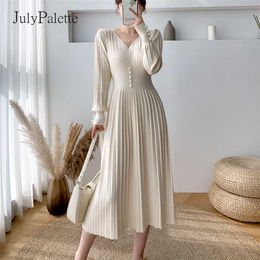 JulyPalette Solid Thick Sweater Dress Elegant Women High Waist Slim Midi Dress Autumn Winter Warm A-line Knit Dress Femme 211221