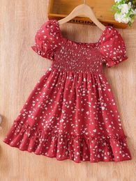 Toddler Girls Heart Print Puff Sleeve Shirred Frill Trim Dress SHE