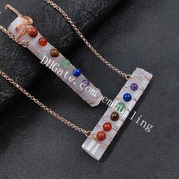 30Pcs Charged 7 Chakra Natural Gemstone Crystal Chip Bead Copper Wire Wrapped Raw Selenite Wand Pendant Necklace for Personal Transformation