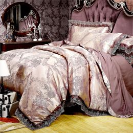 Luxury satin jacquard bedding set queen/king size bed set gold silver Colour 4pcs cotton silk lace duvet cover sets bedsheet set T200706