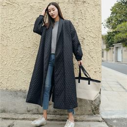 LANMREM New Street Thin Style Black Oversize Lapel Back Vent Button Female's Long Cotton Coat Jaqueta Feminina WTH1201 201110