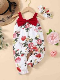 Baby Floral Print Bow Front Cami Jumpsuit With Headband SHE