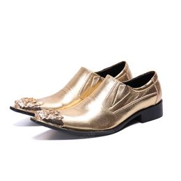 Gold Genuine Leather Men Business Shoes Metal Pointed Toe Wedding Party Men Dress Shoes Plus Size Formal Shoes