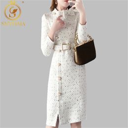 2020 New arrival Autumn and winter Runway women elegant tweed dress Bow collar Long sleeve female fashion chic dresses vestidos LJ200818