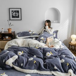 Winter flannel fleece bedding set 4pcs flat sheet duvet cover set cashmere Daisy bed linens AB side bedclothes pastoral bed set T200706