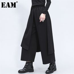 [EAM] High Elastic Waist Black Split Joint Long Wide Leg Trousers New Loose Fit Pants Women Fashion Spring Autumn 2020 LJ201029