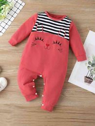 Baby Striped Trim Cartoon Graphic 3D Ear Design Jumpsuit SHE