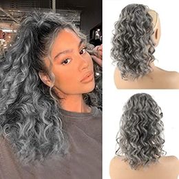 16inch loose wave grey pony tail hairpiece wraps drawstring Grey curly ponytail extension human hair updo afro puff silver grey 120g