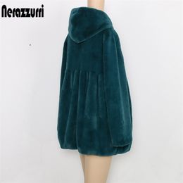 Nerazzurri Fall pleated furry faux fur coat women with hood high waist black red pink plus size warm fluffy jacket 5xl 6xl 7xl 201029