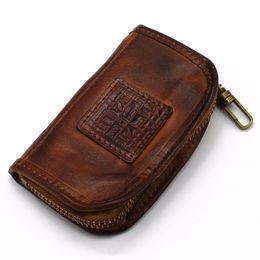 Hand-wiped washable vegetable tanned genuine leather key wallet multi-function large-capacity door car key bag