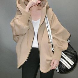 Spring Casual Overcoat Women Harajuku Hoodies Coat Zip Up Outerwear Hooded Jacket Plus Size Outwear Tops Simple Brown 201023