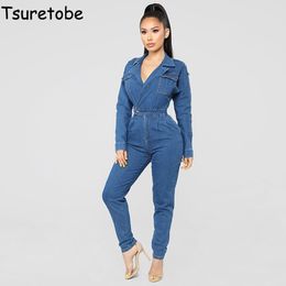 Tsureobe Temperament Denim Jumpsuit Women Bodycon Fashion Casual Bodysuit Female Long Sleeve Elegant Bandage Playsuit Vestidos T200509