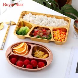 Stainless Steel Canteen Plate Food Containers Dining Hall Tray With Compartments and Lid Lunch Box Restaurant Buffet Tableware T200710