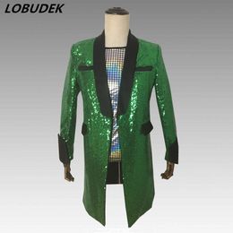Shining Green Sequins Long Suit Jacket Slim Blazers Men Singer Stage Clothing Bar DJ Male Costume Show Host Mid-length Coats 201106