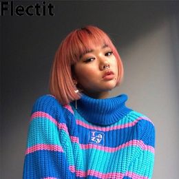 Flectit Womens Striped Roll Neck Jumper Sweater with Embroidered Letter Lazy Turtleneck Oversized Chunky Knit Pullovers 201119