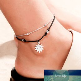 Vintage Boho Double Layer Beads Ankle Bracelet for Women Fashion Sun Pendent Anklet Handmade Foot Chain Beach Jewellery