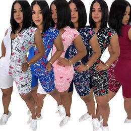 Women Panelled Jumpsuits Rompers Summer Clothes Sexy Club Running Deep-v Neck Sleeveless Shorts Leggings Bodysuits Zipper Print Letter 2022