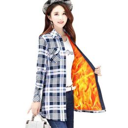 Velvet Thick Warm Women's Long Plaid Shirt Female Full Sleeve Tops M-XXXL Winter Check Blouse Blusas Femininas Chemise Autumn H1230