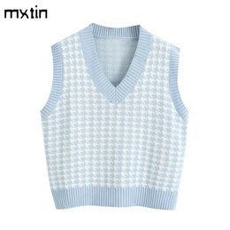 women fashion oversized knitted vest sweater V neck sleeveless houndstooth loose female waistcoat casual tops 201017