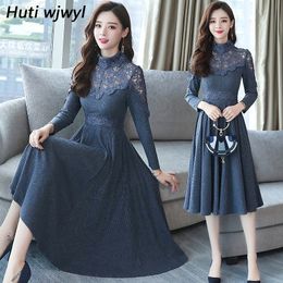 Autumn Winter New Plus Size Vintage Lace Midi Dresses Women Elegant Bodycon Beach Dress Party Long Sleeve Runway Vestidos 201125