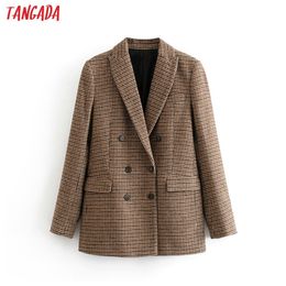 Tangada women stick winter double breasted suit jacket office ladies vintage plaid blazer pockets work wear tops LJ200815