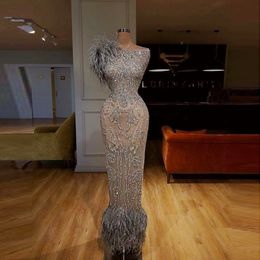 Through Feathers See Prom Dresses Mermaid Lace Appliques Sequins robe de bal femme longue Ankle Length Evening Dress Party Vestido