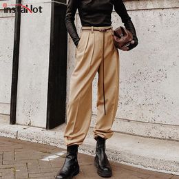 InstaHot Pleated Wide Led Pants Women Elegant Casual High Waist Vintage Office Lady Trousers Spring Work Wear Female Pants 2020 T200422