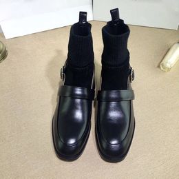 Hot Sale-Unique Designer Buckle Sock Ankle Booties for women Flat heel Sheepskin Elastic Martin Boots