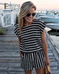 Striped Loose Playsuits 2020 Summer Rompers Womens Jumpsuit Shorts Bodysuit Casual Beach Short Sleeve Elegant Overalls for Women T200704