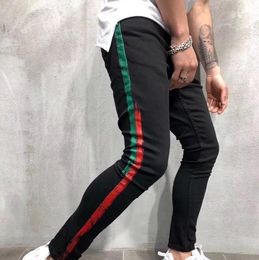 New Mens Jeans Men Designer Skinny Ripped Red Stripes Pants Men Stretch Black Slim Biker Jeans111