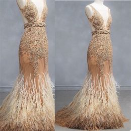 Champagne Glitter Prom Dresses Feather Sequins Beads Mermaid Evening Dresses Luxury Sexy V Neck Sleeveless Pageant Dress Custom Made