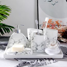 Wedding Gift Nordic Marble Texture Ceramic Bathroom Accessories 7pcs Set/Soap Dispenser/Toothbrush Holder/Melamine Tray Y200407