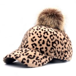 Ball Caps Baseball Cap Leopard Big Pom Hat Women Autumn Winter Fashion Thick Warm Ladies