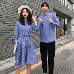 Korean couple clothing tshirts college fashion style pair lovers women summer beach dress plaid matching clothes outfit wear 40 LJ201112